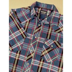 VTG Wrangler Western Shirt Multicolor Plaid Short Sleeve‎  XL Pearl Snap Cowboy